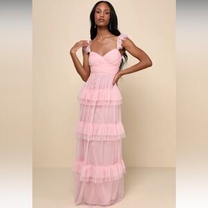 Pure Radiance Pink Mesh Swiss Dot Tiered Maxi Dress